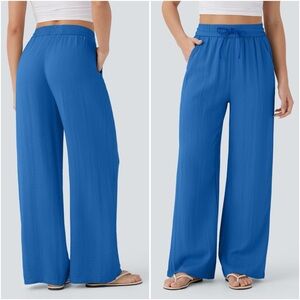 Halara High Waist Drawstring Pocket Wide Leg Casual Linen-Feel Pants Blue M NWT